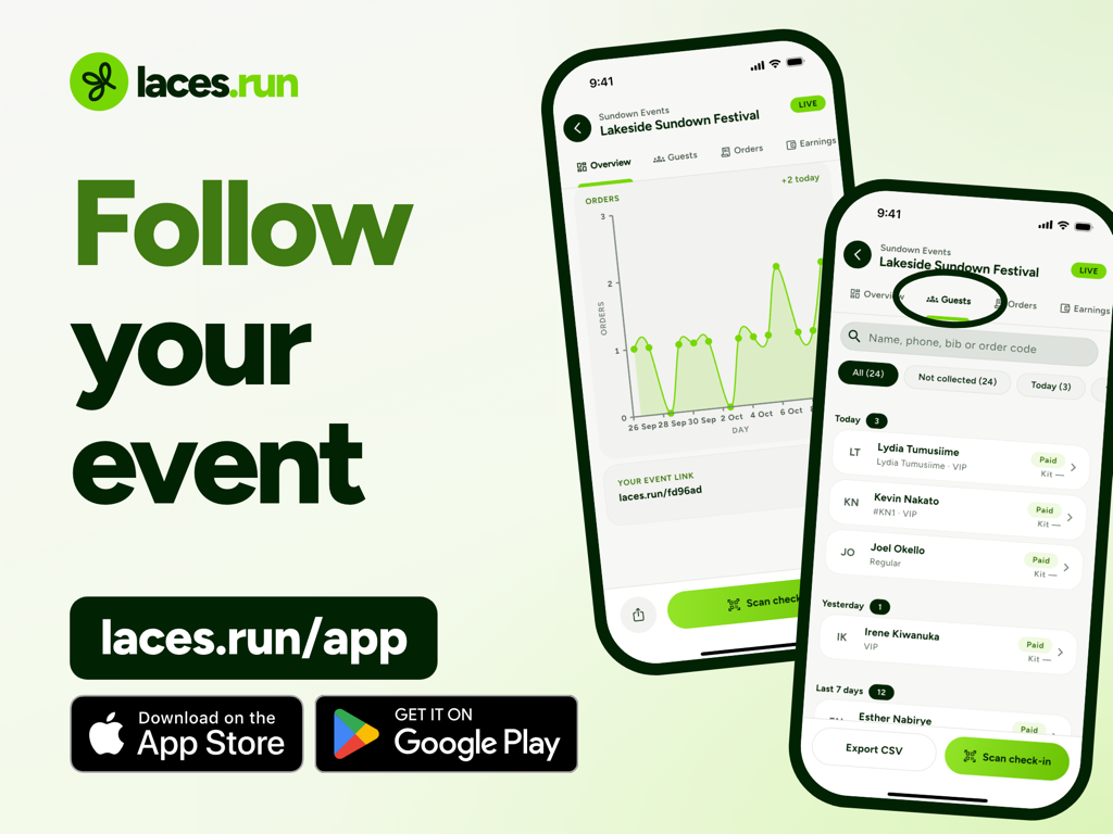 Two phone screens for an event: the Overview tab with a chart of orders per day and the event link, and the Guests tab, circled, listing each person who registered with a Paid label.