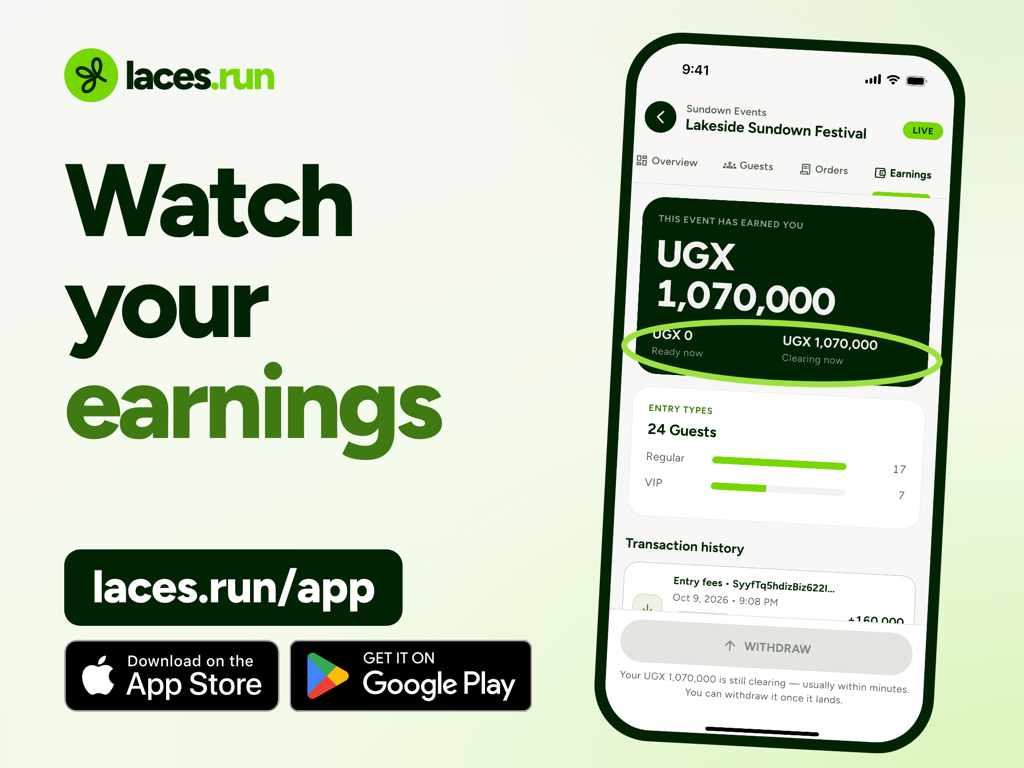 The Earnings tab of an event: This event has earned you, with the Ready now and Clearing now figures circled, the entry types, the start of the transaction history and a Withdraw button that is switched off while money is still clearing.