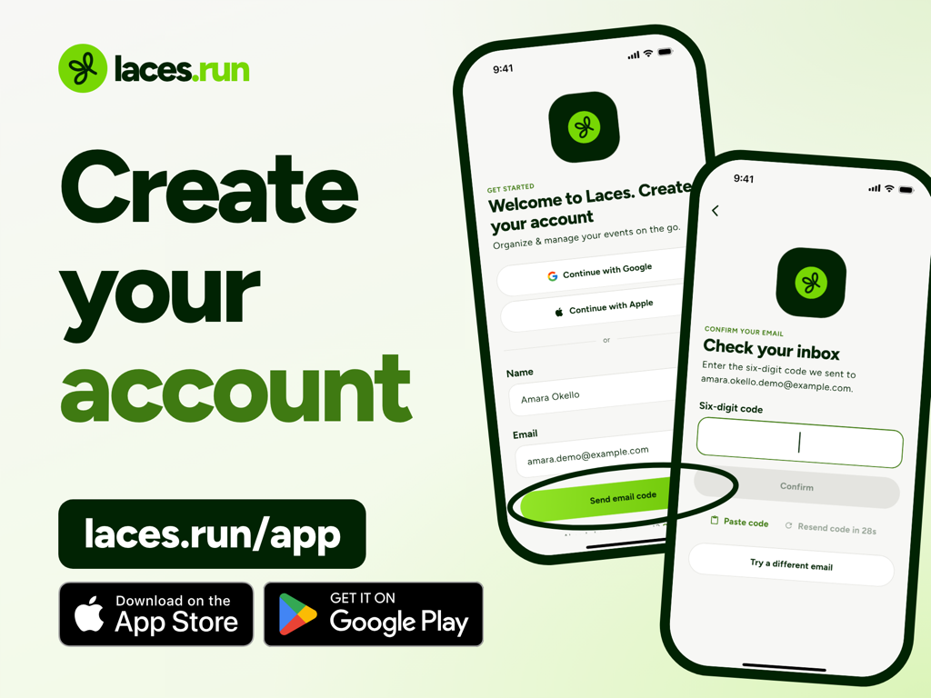 Two phone screens: Welcome to Laces, Create your account, with Continue with Google and Continue with Apple, name and email fields and a circled Send email code button, and Check your inbox, where you enter the six-digit code.
