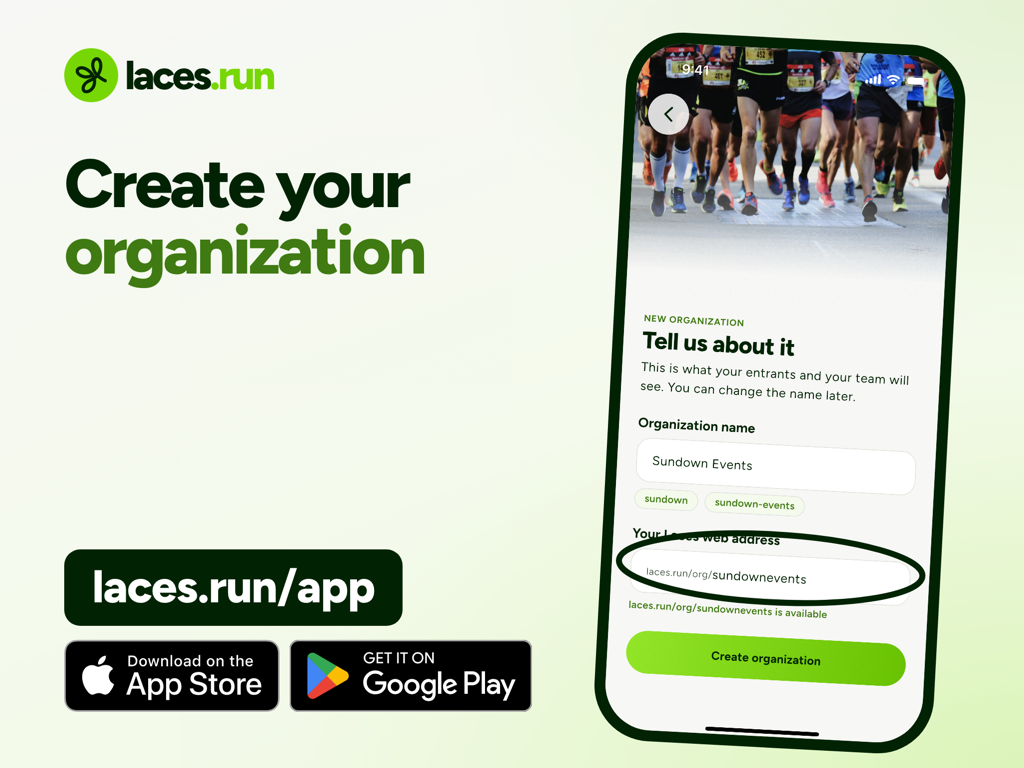 The Tell us about it screen for a new organization, with the Organization name field, suggested web addresses, the circled Your Laces web address field showing laces.run/org/sundownevents is available, and a Create organization button.