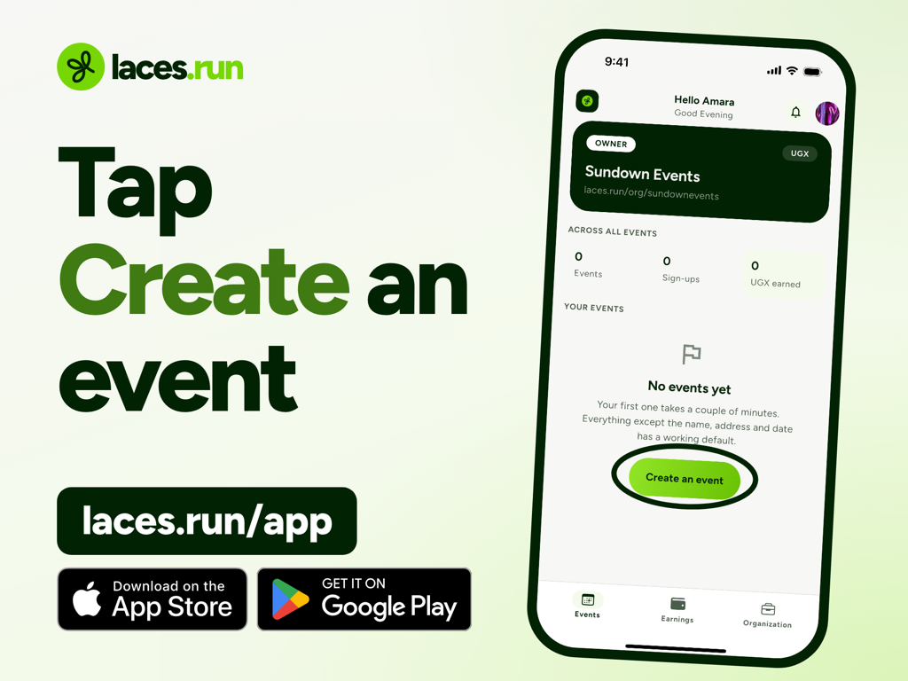 The Laces home screen for a new organization, showing zero events and a circled Create an event button.