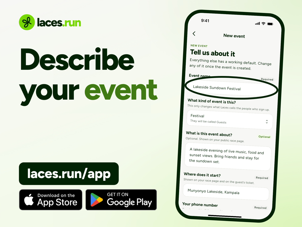 The top of the New event form, Tell us about it, with the Event name field circled, then What kind of event is this, What is this event about, Where does it start and Your phone number.