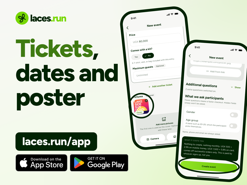 Two phone screens from the New event form: ticket price fields above the Pictures section, with the first picture circled and marked Cover; and the Additional questions section, the What it costs you card and a circled Create event button.