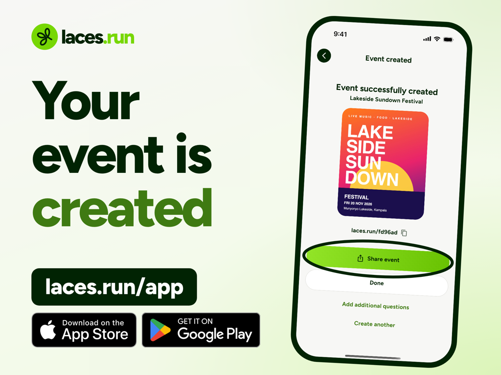 The Event successfully created screen with the event name, the poster, the laces.run link with a copy icon, a circled Share event button, a Done button, and links to add additional questions or create another event.