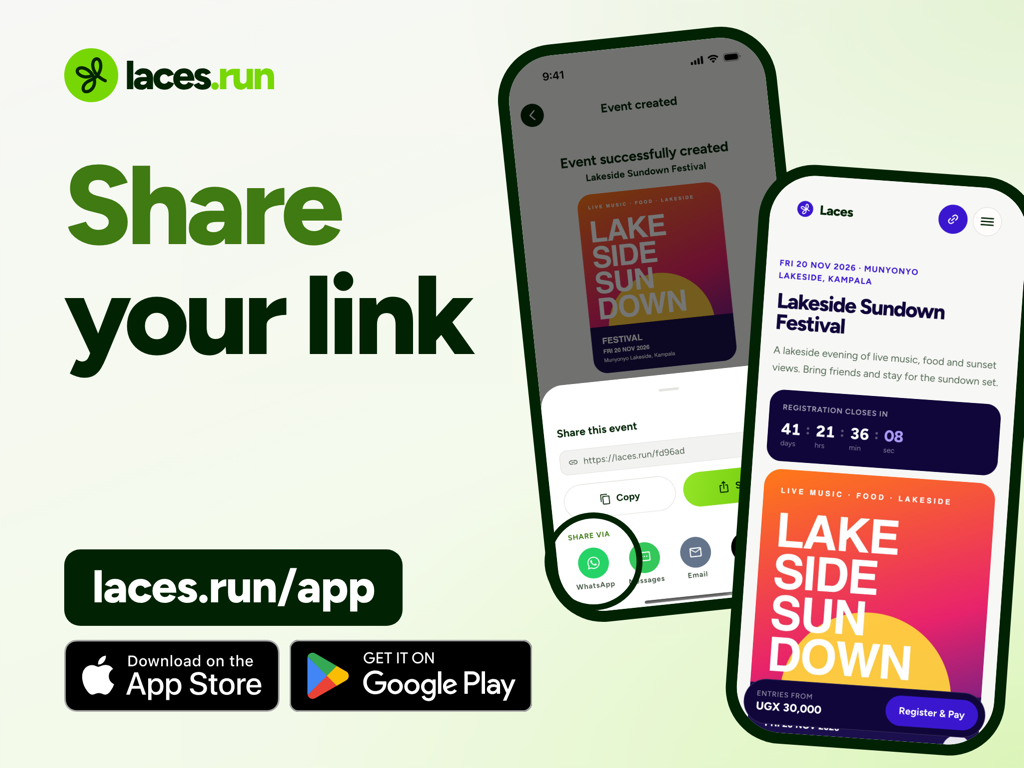 The Share this event sheet over the created screen, with the event link, Copy and Share buttons and a circled WhatsApp icon among the Share via options, beside the live event page on laces.run.